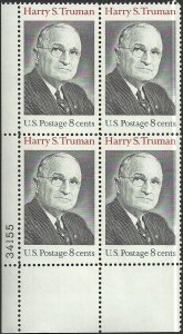 # 1499 MINT NEVER HINGED ( MNH ) PLATE BLOCK HARRY S. TRUMAN