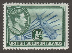 Soloman Islands, stamp, scott#67,  mint, hinged,  1/2d, Orrs, canoe