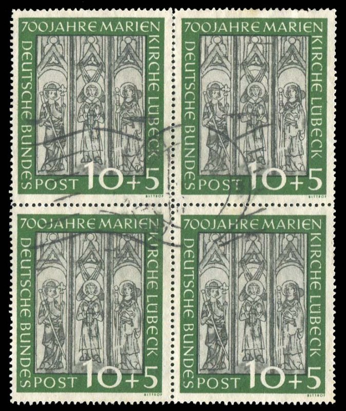 Germany #B316 (Mi. 139) Cat€320, 1951 10+5pf green, block of four, used