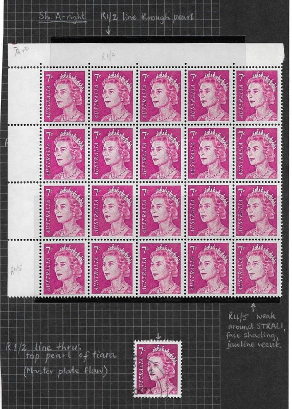 1971 Australia 402A 7¢ Queen Elizabeth MNH block of 20 with flaws