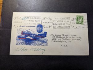 1935 Norway Airmail Pilot Signed Cover Bergen to Philadelphia PA USA