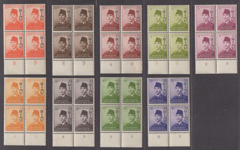 **Indonesia, SC# 32-40 MNH, VF Blocks of 4 - RARE, CV $386.80