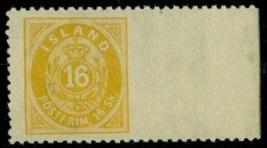 ICELAND #7v (7v2) 16sk yellow, IMPERFORATE at right, og NH, VF, Nielsen cert