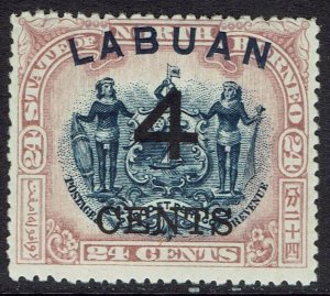 LABUAN 1899 4 CENTS OVERPRINTED ARMS 24C PERF 14.5 -15