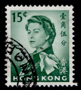 HONG KONG QEII SG198, 15c emerald, FINE USED.