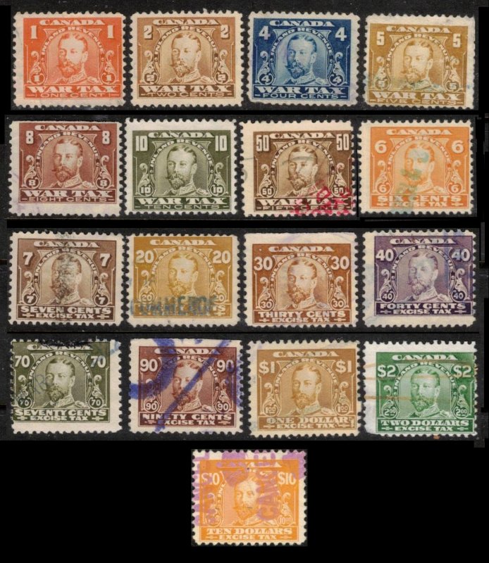 1915 CANADA REVENUE SET OF 17 DIFF #FWT8... FX3 FX4 FX7 FX8 FX9 FX14 FX19 CV $28