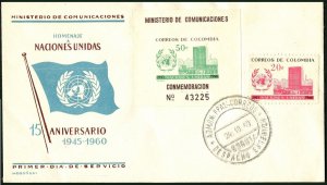 Colombia 724,725, FDC. Mi 953,954 Bl.21. United Nations, 15, 1960. Headquarters.