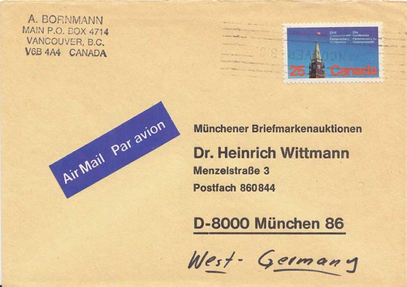 Canada 25c Peace Tower Parliamentary Conference c1978 Vancouver, B.C. Airmail...