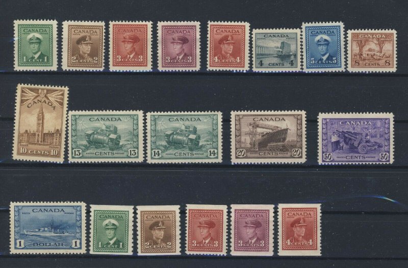 19x Canada WW2 Stamps #249 to #267 Includes 5x Coils Guide Value = $206.00