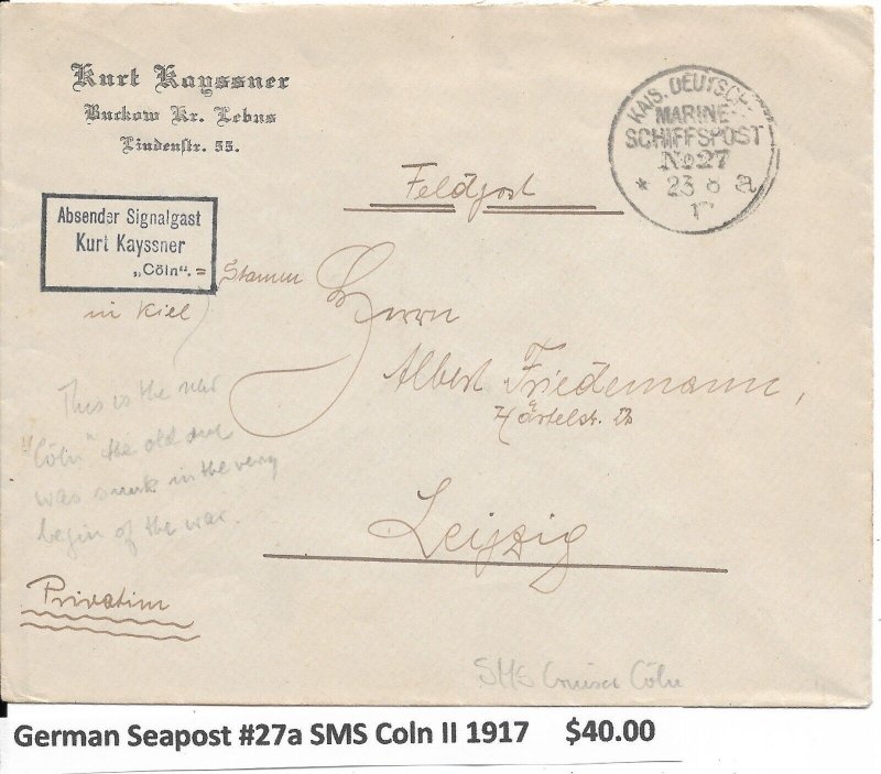 German Seapost #27a, SMS Coln II, 1917 to Leipzig (M6304)