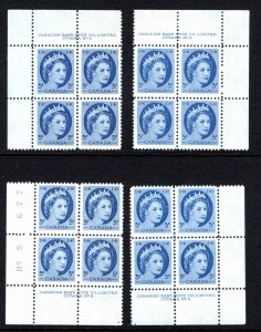 341, Scott, QEII Wilding, 5c, PB5, Matched Set of 4 Plate Blocks, MNHOG, VF