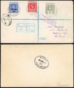 Cayman Islands 1917 1 1/2d War Stamp x3 on reg d cover to England GEORGETOWN