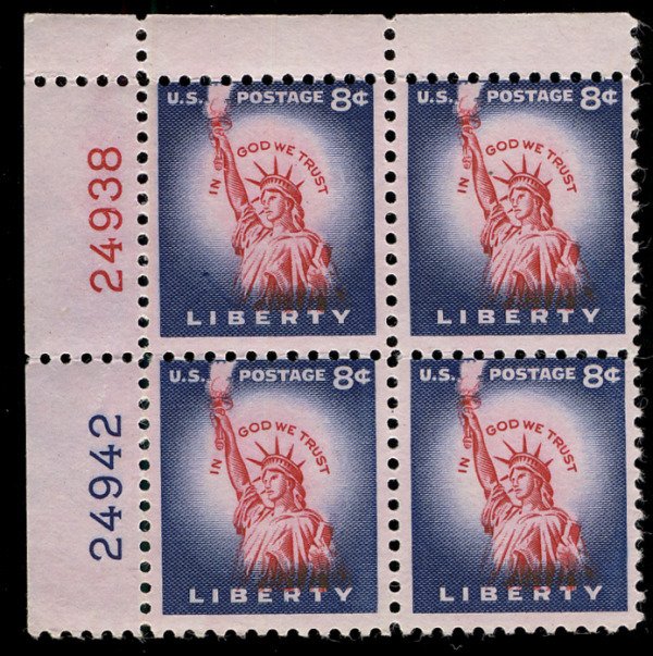 US #1041B PLATE BLOCK 8c Statue of Liberty, RARE ROTARY PRESS, VF/XF mint nev...