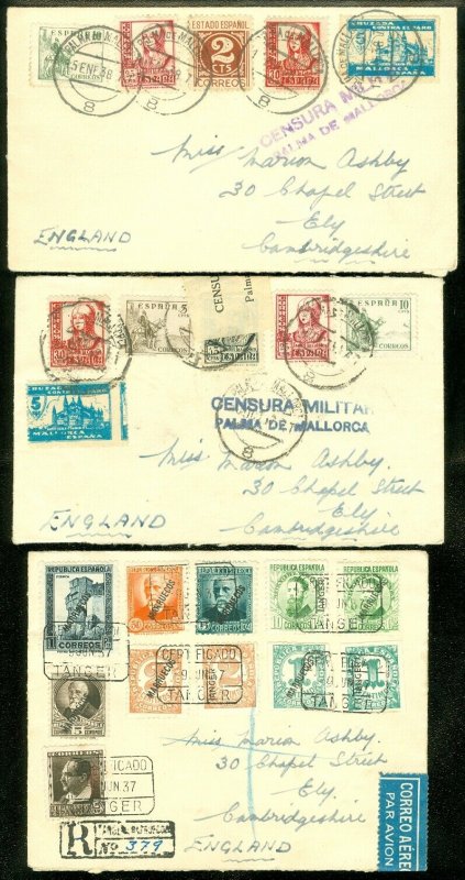 EDW1949SELL : SPAIN 3 1937-38 covers to England with 2 Military Censored & 1 Reg