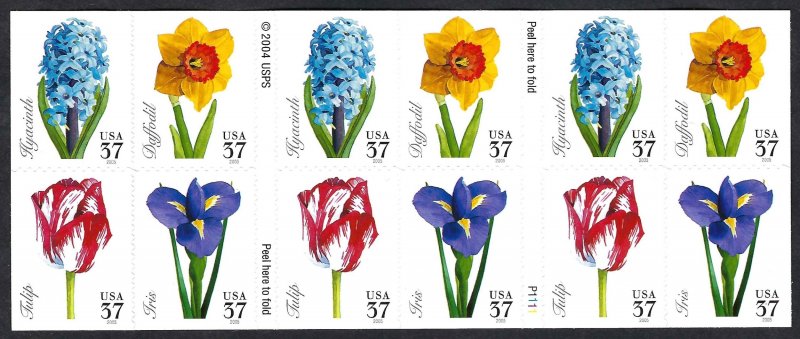 United States #3903b 37¢ Spring Flowers (2005). Double-sided booket of 20. MNH