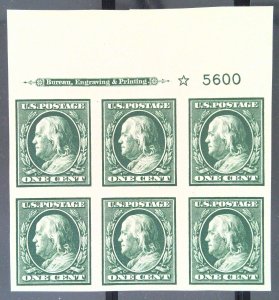 Scott #383 - 1c Green - Franklin - P#block of 6,Impt & star - MNH - 1910