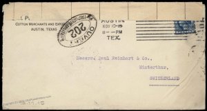 USA 1915 Switzerland Austin Texas Censor 5c Washington Cover 81896