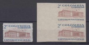 COLOMBIA 1959 CAPITOL Sc 704 PROOF MARGINAL IMPERF PAIR VF & REGULAR 