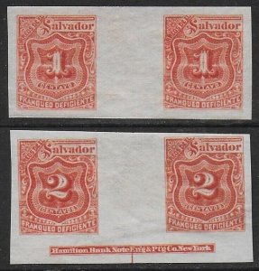 El Salvador 1896 Number 1c, 2c Red #J17, J18 Scarce GUTTER PAIRS F/VF-NH-