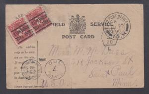 US Sc J53 2c Postage Due precancel pair on unpaid 1916 FIELD SERVICE POST CARD 