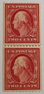 Scott Stamp# 349 -1909 2¢ Washington Coil LINE PAIR.  MHR, OG.  SCV $550.00