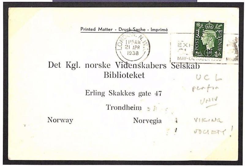 MS2804 1938 GB London NORWAY Trondheim Printed Matter VIKING Society 