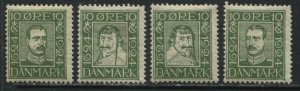 Denmark 1924 10 ore green 4 different values mint o.g. hinged