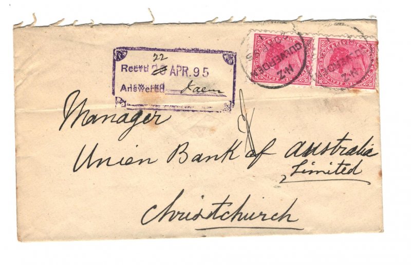 New Zealand Sc#61 Pair Used on Cover to Union Bank of Australia 1895