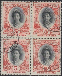 TONGA 5d Queen Salote SG60 fine used block of 4 - scarce....................H247
