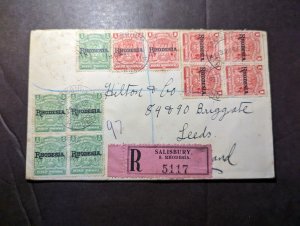 1909 Registered South Africa Rhodesia Overprint Cover Salisbury to Leeds England