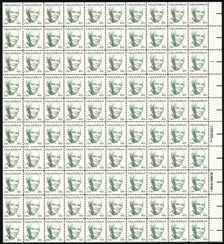 Lillian Gilbreth Sheet of One Hundred 40 Cent Postage Stamps Scott 1868