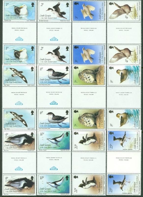 SOUTH GEORGIA : 1999. Scott #109-23, 236-47 Birds. Cplt sets Gutter pairs VF MNH