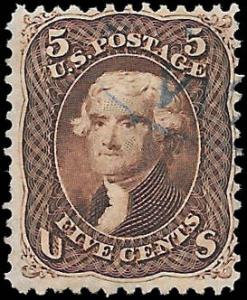 1863 US  SC # 76a USED F-VF NH ng  BLUE FACE FREE DATE CANCEL  - VERY SOUND