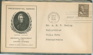 US 812 1938 7c Andrew Jackson (part of the presidential-prexy series) single on an addressed (typed) fdc with a progressive cach