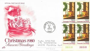 1980 FDC, #1843, 15c Christmas 1980, Art Craft, plate block of 4