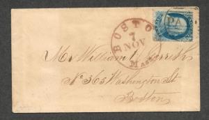 US Sc#22 Pos 18L4 on Cover, Doporto Cert., Boston MA, C.v. $500