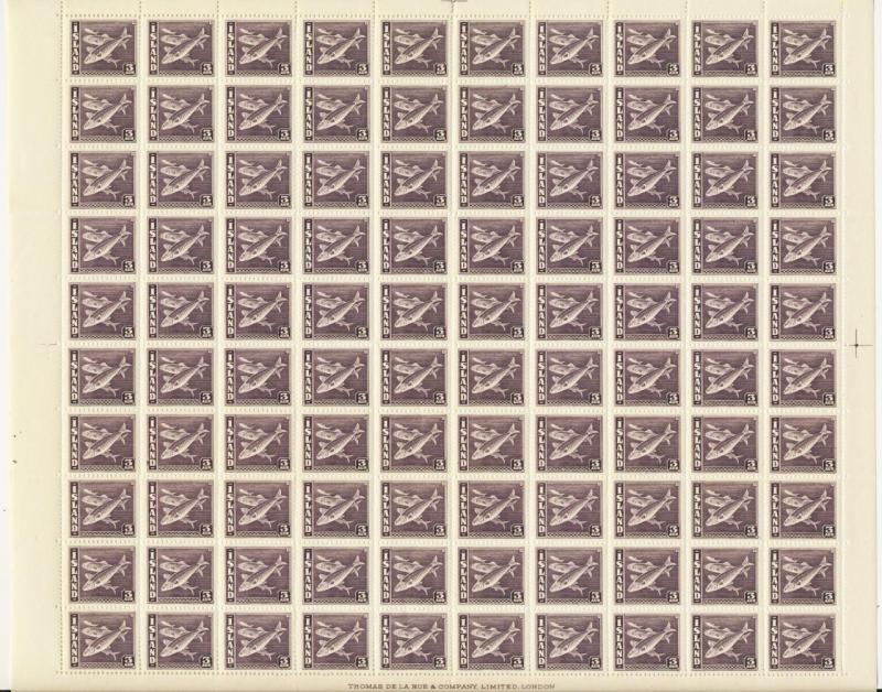 ICELAND 1939-45, 3a FISHES BLOCK OF 40 PERF 14,VF NH Sc#218 (SEE BELOW) 