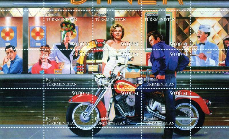 Turkmenistan 1999 Motorcycles/Marilyn Monroe/James Dean/Lucy Ball Sheetlet MNH