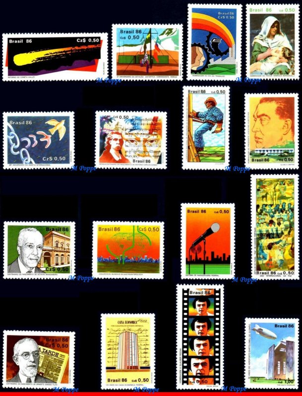 BRAZIL 1986 - LOT WITH 16 STAMPS OF THE YEAR - SCOTT VALUE $4.10, ALL MNH