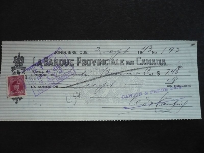 Canada - Revenue - KGVI War Issue Stamp on cheque dated 1943