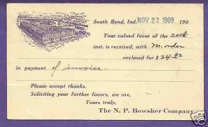 UX19  SOUTH BEND, IND. - 1907 N.P. BOWSHER COMPANY AD, US POSTAL CARD HISTORY.