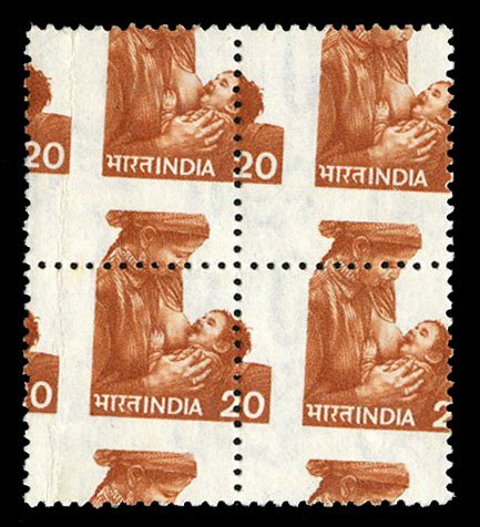 India #839, 1981 Mother and Child, misperforated block of four, never hinged