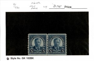 United States Postage Stamp, #602 Mint LH Pair, 1924 Roosevelt (AD)