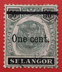 MALAYA 1910 SELANGOR Tiger One Cent opt 50c Fine Used SG#66b M4501