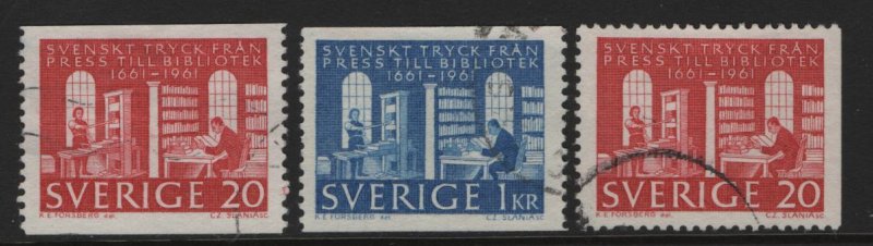 SWEDEN, 600-602, SET(3), USED, 1961, 17TH CENTURY PRINTER AND STUDENT IN LIBRARY