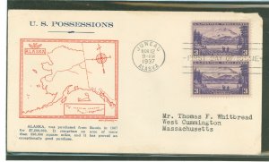 US 800 1937 3c Alaska (part of the US Possession series) pair on an addressed first day cover with a Grandy cachet.