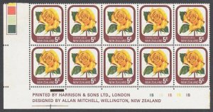 NEW ZEALAND 1975-81 5c Rose plate block 1B MNH..............................E303