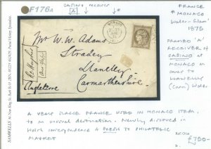 FRANCE Cover Used MONACO CASINO RECEIVER *A* GB WALES Llanelly 1875 F176a