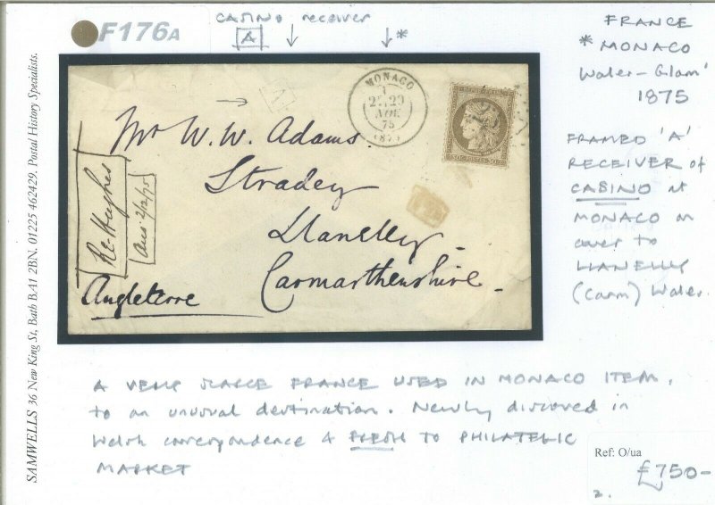 FRANCE Cover Used MONACO CASINO RECEIVER *A* GB WALES Llanelly 1875 F176a