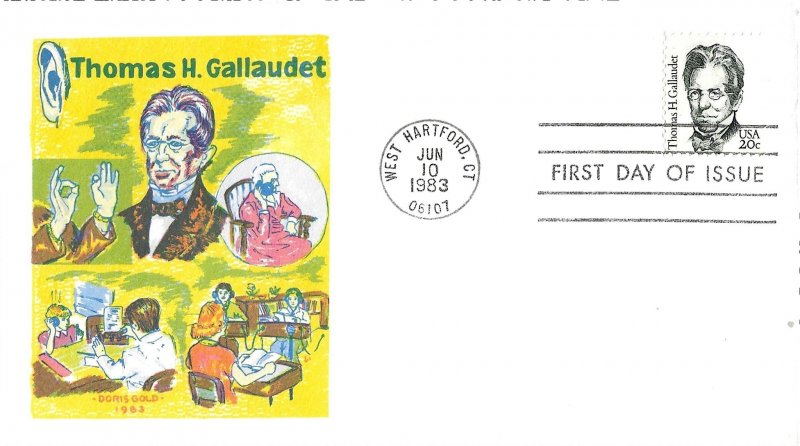 1983 FDC, #1861, 20c Thomas H. Gallaudet, 3 diff. cachets